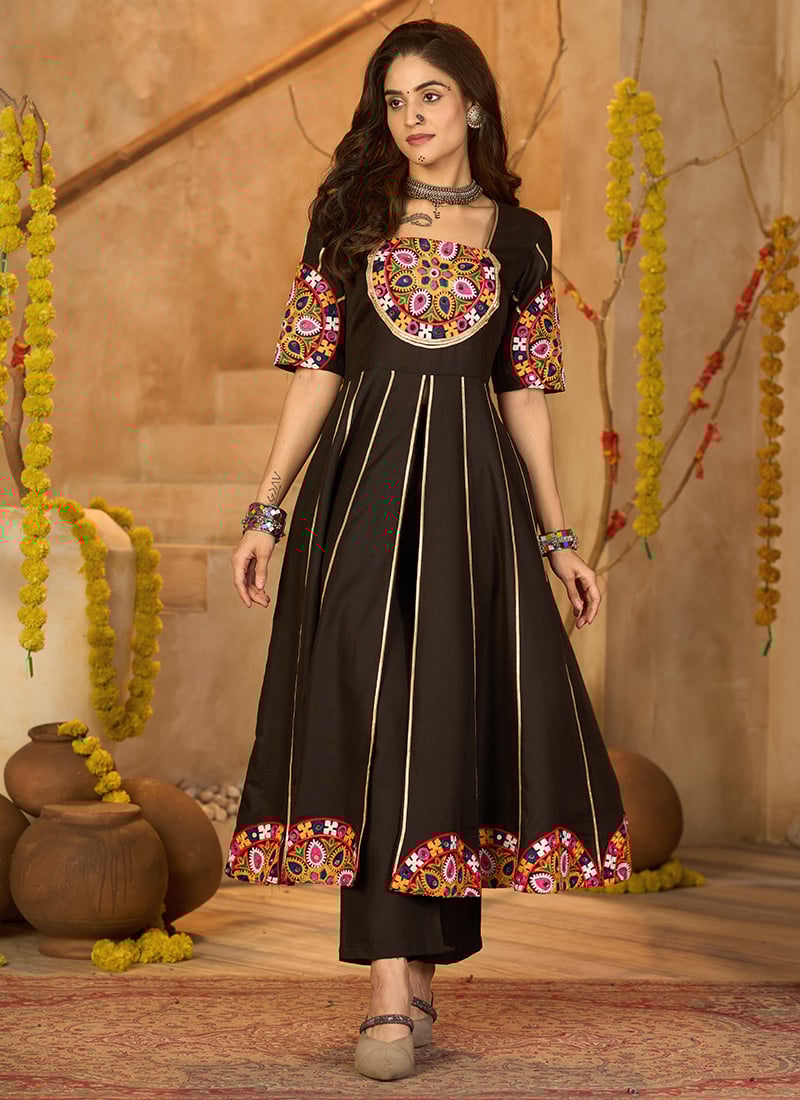Black Cotton Mirror And Kutch Work Anarkali Set Festive Wear