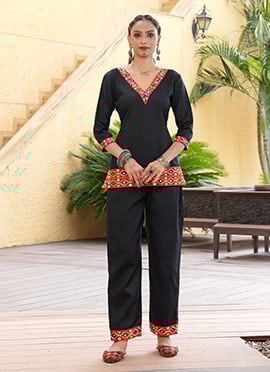Black Cotton Mirror And Kutch Work Indowestern Co Ord Set