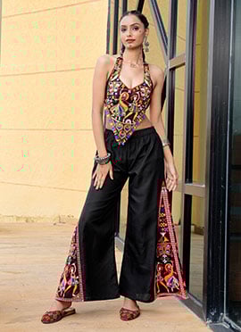 Black Cotton Mirror And Kutch Work Indowestern Palazzo Set