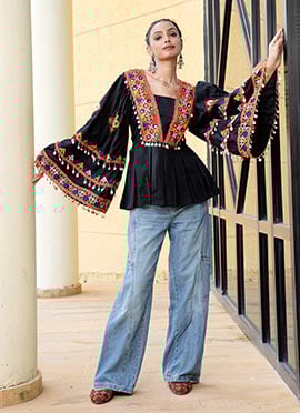 Black Cotton Mirror And Kutch Work Peplum Top