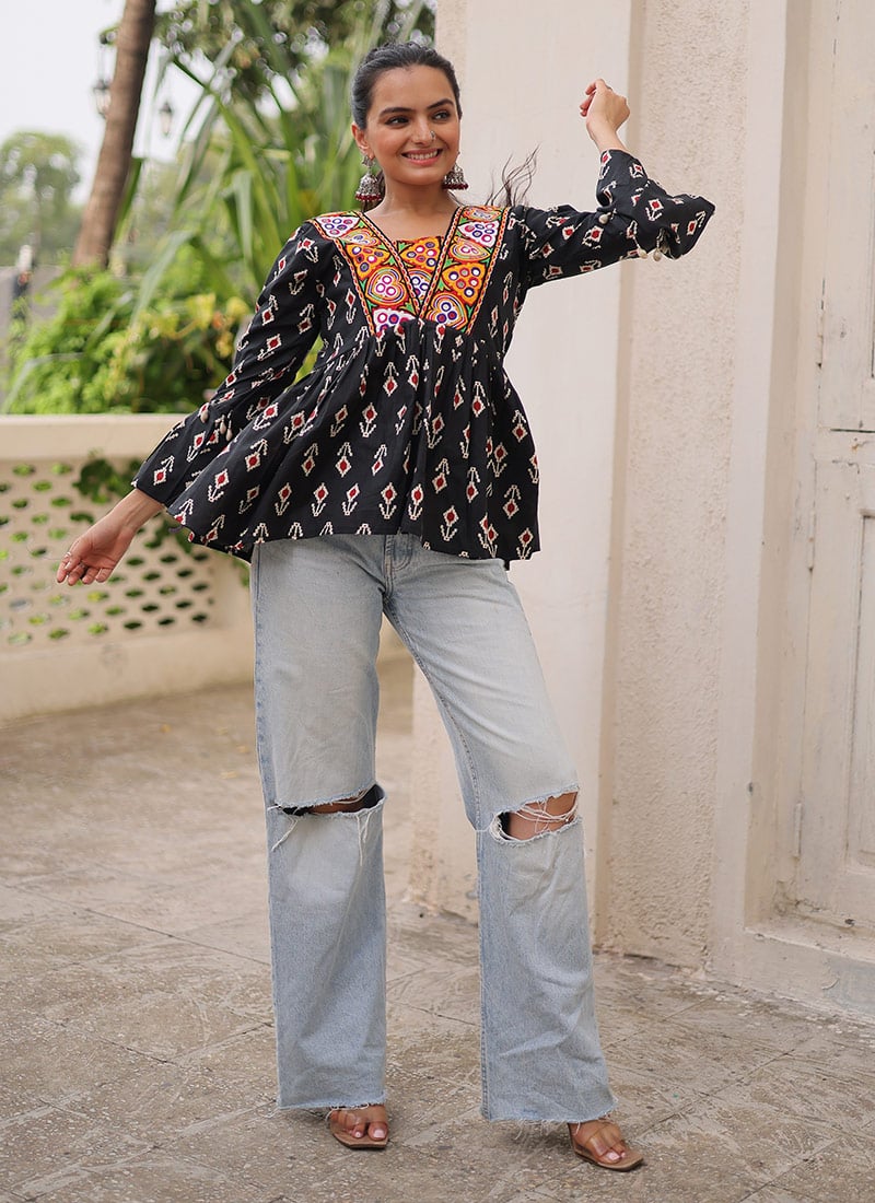 Black Cotton Mirror Work Peplum Top After Six Wear
