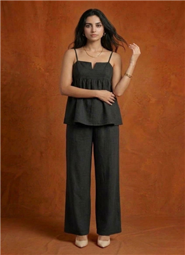 Black Cotton Notch Neck Camisole Co-ord Set