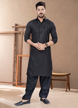 Black Cotton Pathani Set For Men