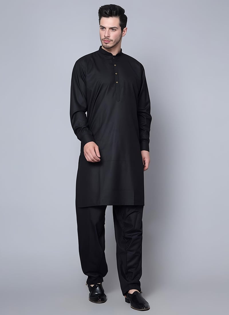Black Cotton Pathani Set Festive Wear
