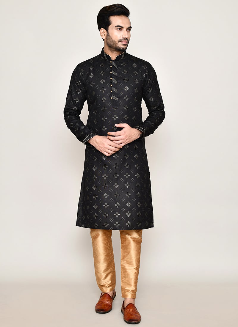 Black Cotton Print Foil Print Kurta Pyjama Festive Wear
