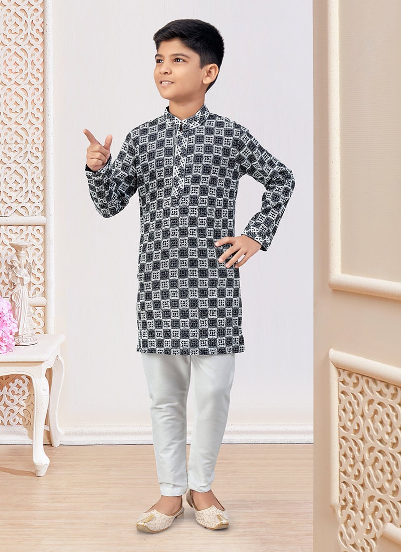 Black Cotton Printed And Chikankari Embroidered Boys Kurta Pyjama