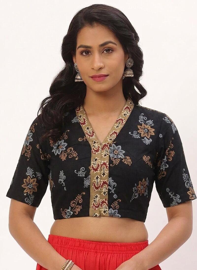 Black Cotton Printed Blouse Work Wear