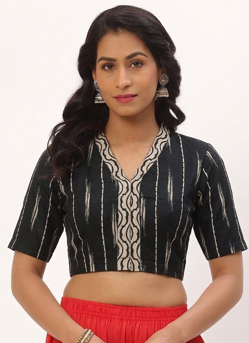 Black Cotton Printed Blouse After Six Wear