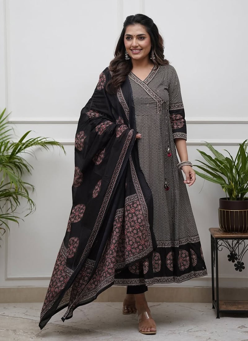 Black Cotton Printed Embroidered Angarkha Style Straight Pant Suit
