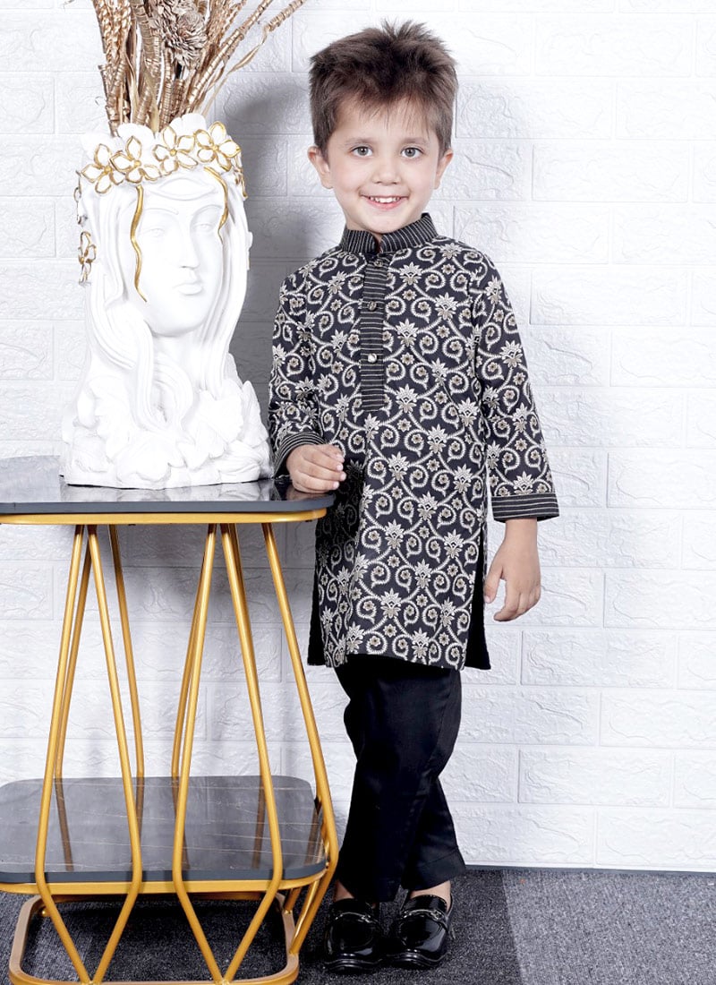 Black Cotton Printed Kids Boys Kurta Pyjama Festive Wear
