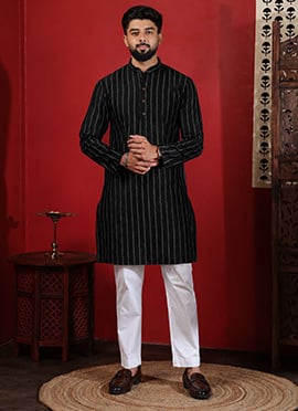 Black Cotton Printed Kurta Pyjama For Men
