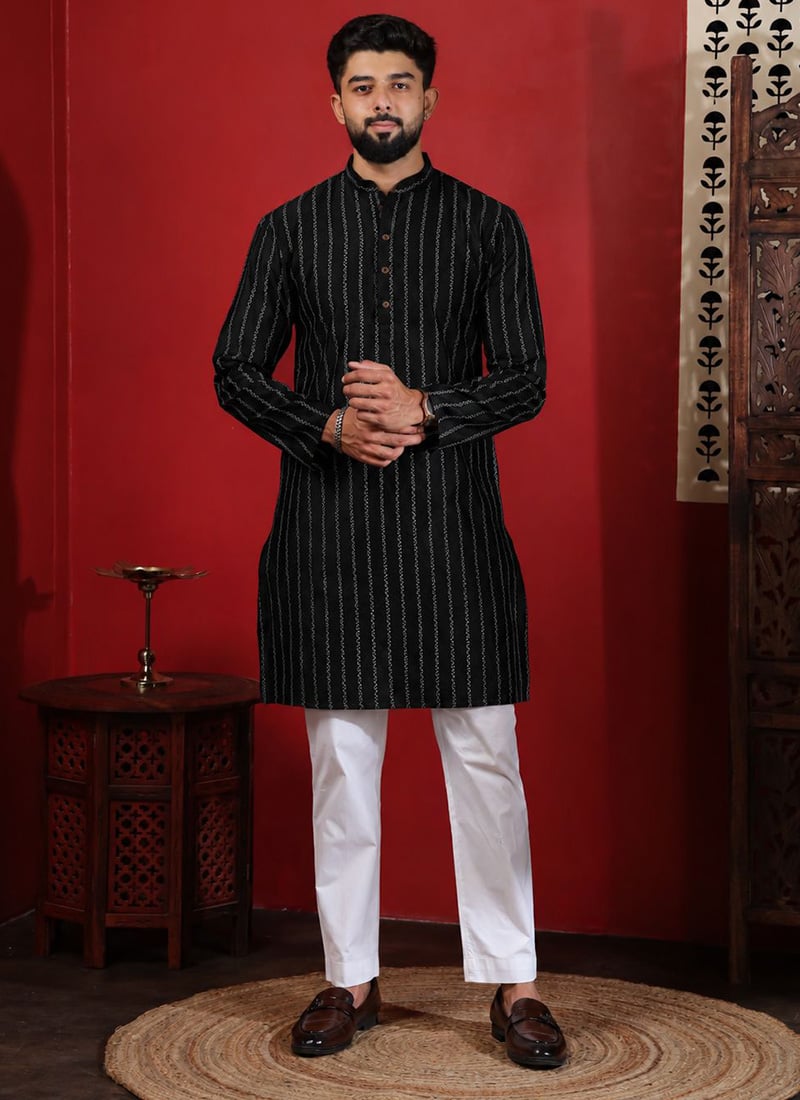 Black Cotton Printed Kurta Pyjama For Men Festive Wear