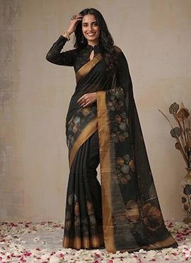 Black Cotton Printed Saree