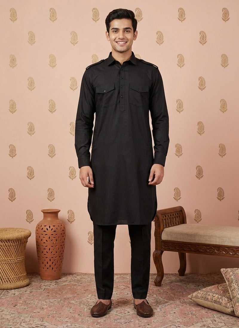 Black Cotton Printed Trendy Kurta Pyjama Festive Wear