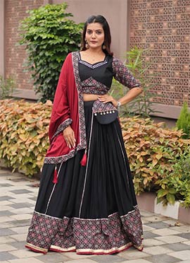 Black Cotton Printed With Gota Work Chaniya Choli Festive Wear