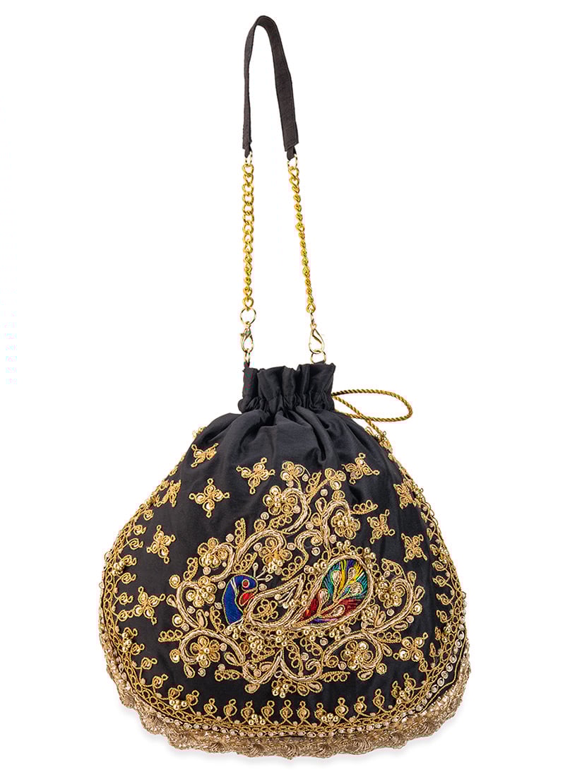 Black Cotton Sequins Moti Zari Potli