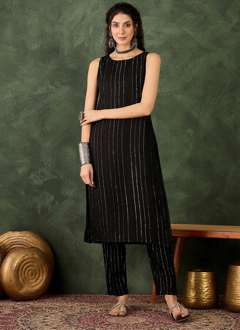 Black Cotton Silk Blend Zari Woven Kurta Straight Pant Set After Six Wear