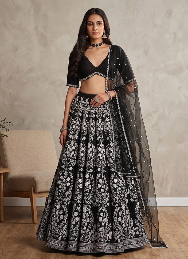 Black Cotton Silk Embroidered Lehenga Festive Wear