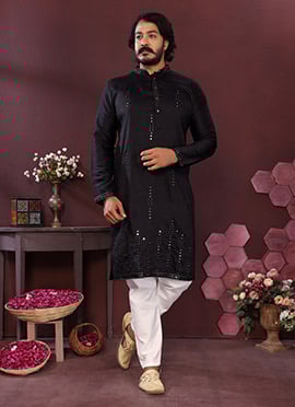 Black Cotton Silk Embroidered Sequins Kurta Pyjama Set