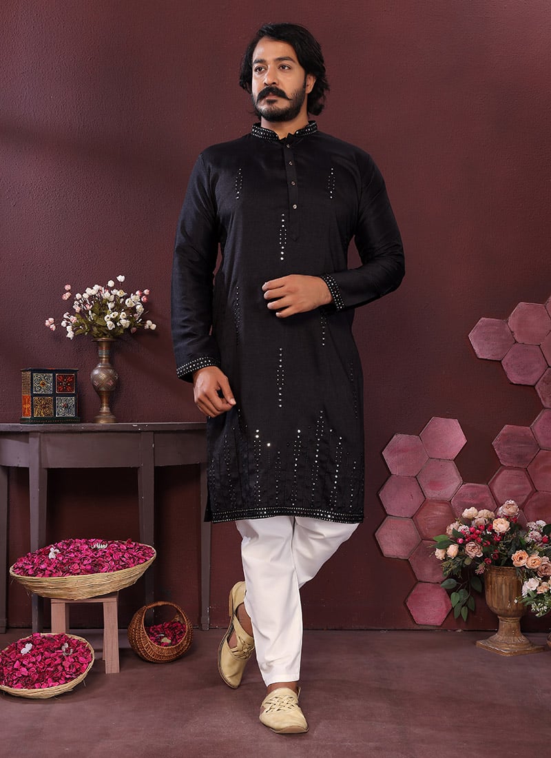 Black Cotton Silk Embroidered Sequins Kurta Pyjama Set Festive Wear
