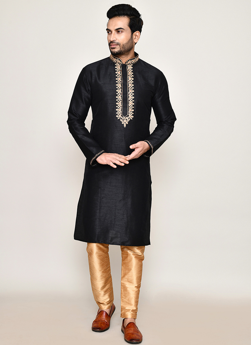 Black Cotton Silk Embroidered Thread Kurta Pyjama Festive Wear