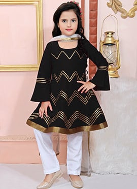 Black Cotton Silk Gota Lace Kids Girls Straight Pant Suit