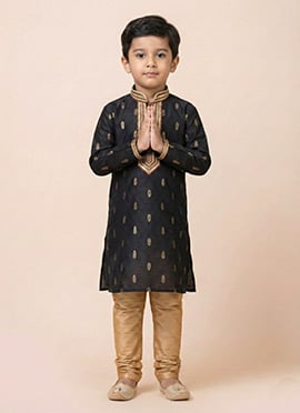 Black Cotton Silk Jacquard Kids Kurta Pyjama