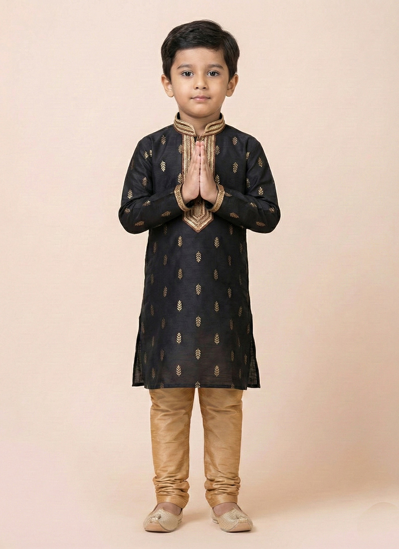 Black Cotton Silk Jacquard Kids Kurta Pyjama Festive Wear