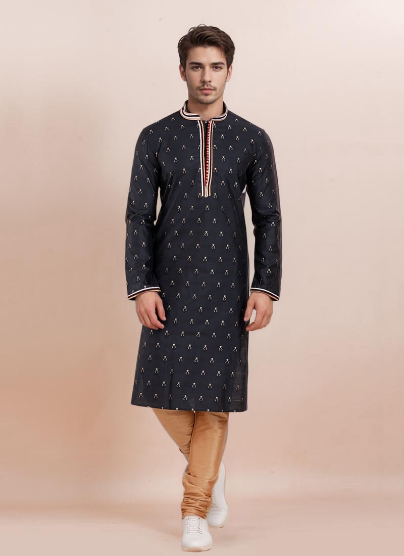 Black Cotton Silk Jacquard Kurta Pyjama