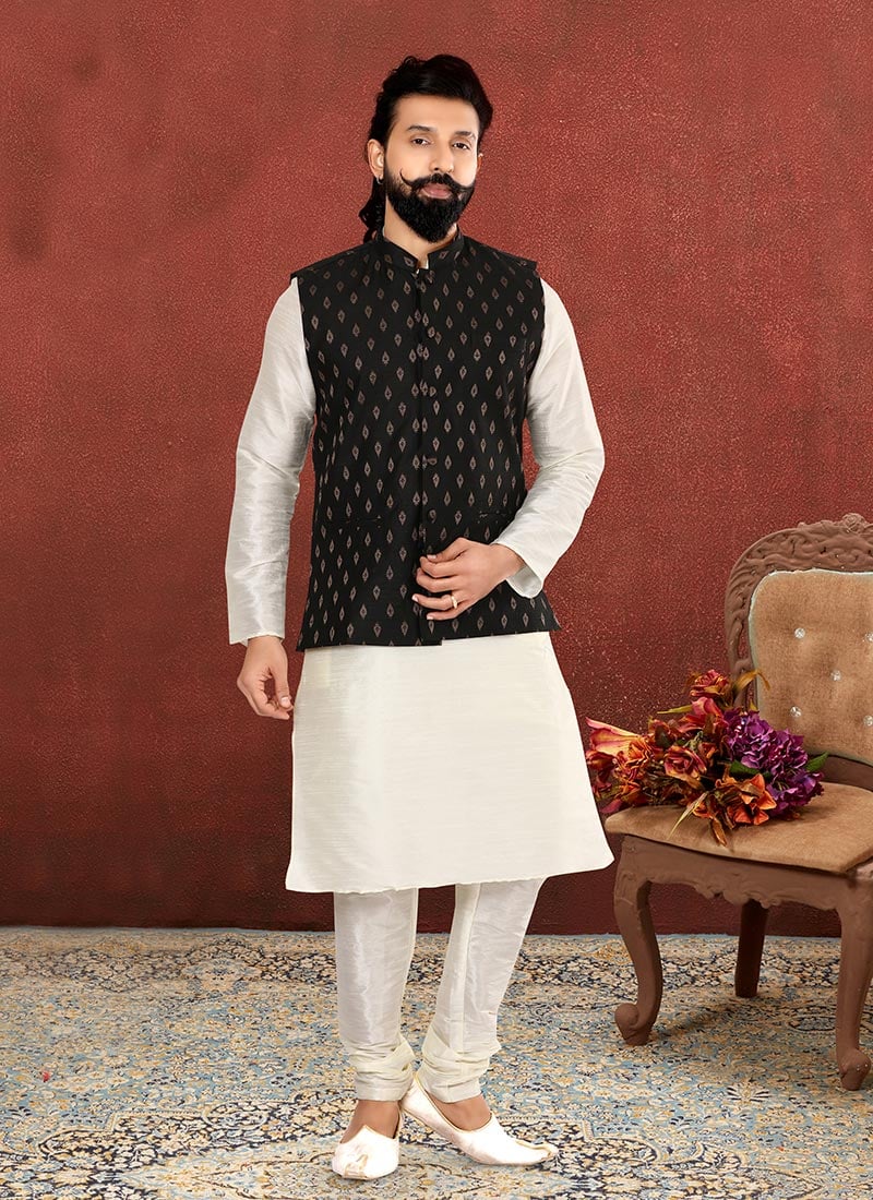 Black Cotton Silk Jacquard Nehru Jacket 