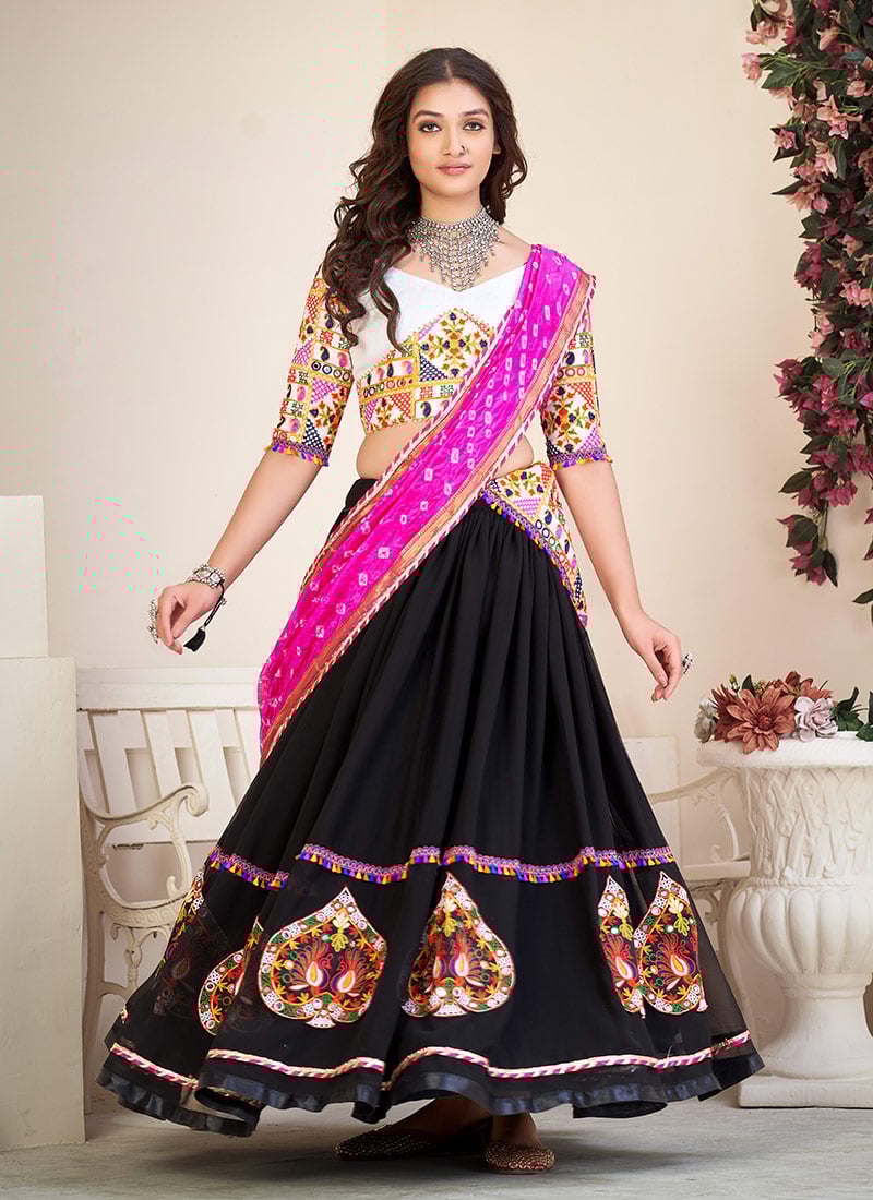 Black Cotton Silk Kutch And Mirror Work With Bandhini Print Chaniya Choli Festive Wear
