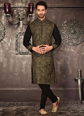 Black Cotton Silk Machine Embroidered Kurta Pyjama