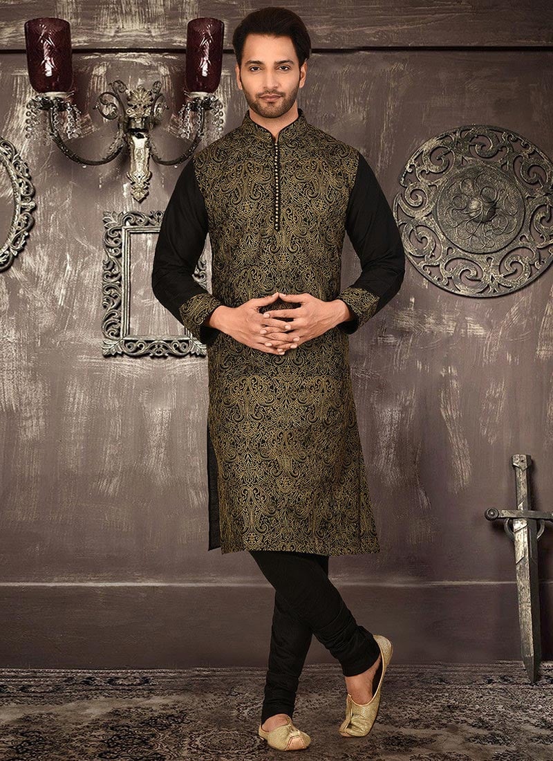 Black Cotton Silk Machine Embroidered Kurta Pyjama Party Wear