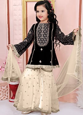 Black Cotton Silk Zari Embroidered Kids Girls Sharara Suit