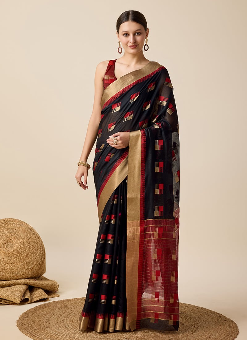 Black Cotton Silk Zari Woven Simple Casual Saree With Blouse After Six Wear