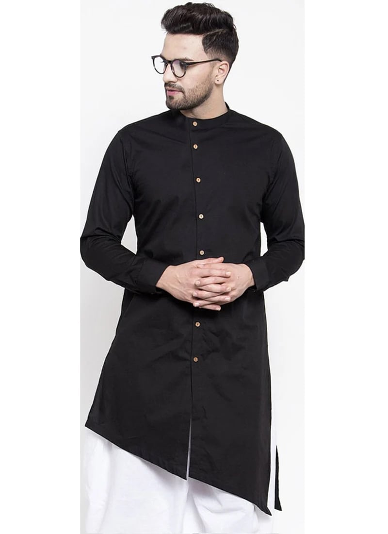 Black Cotton Soild Stitched Kurta 