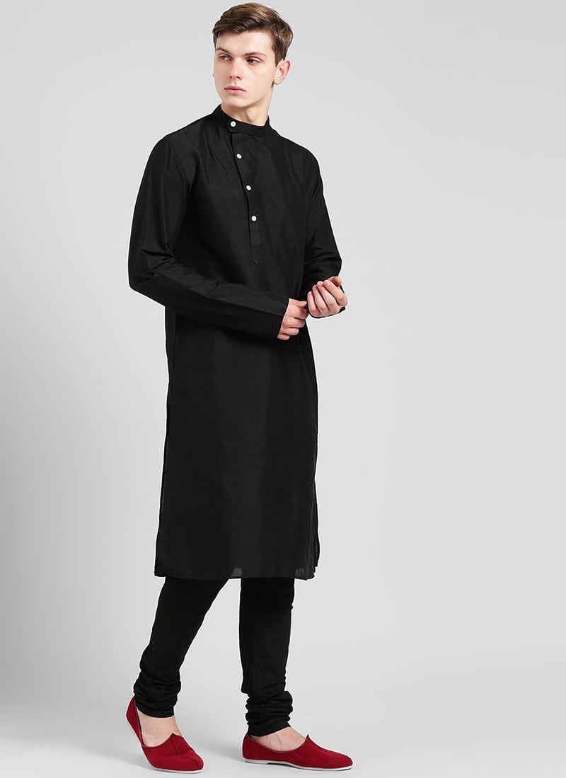 Black Cotton Soild Stitched Kurta Pyjama Party Wear