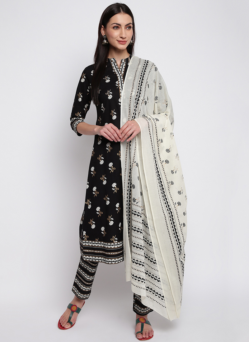 Buy Black Cotton Straight Pant Suit, Printed , Embroidered, straight