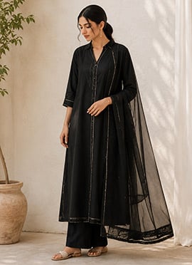 Black Cotton Straight Suit