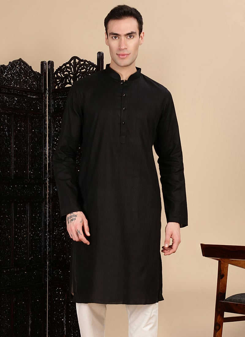 Black Cotton Textured Kurta