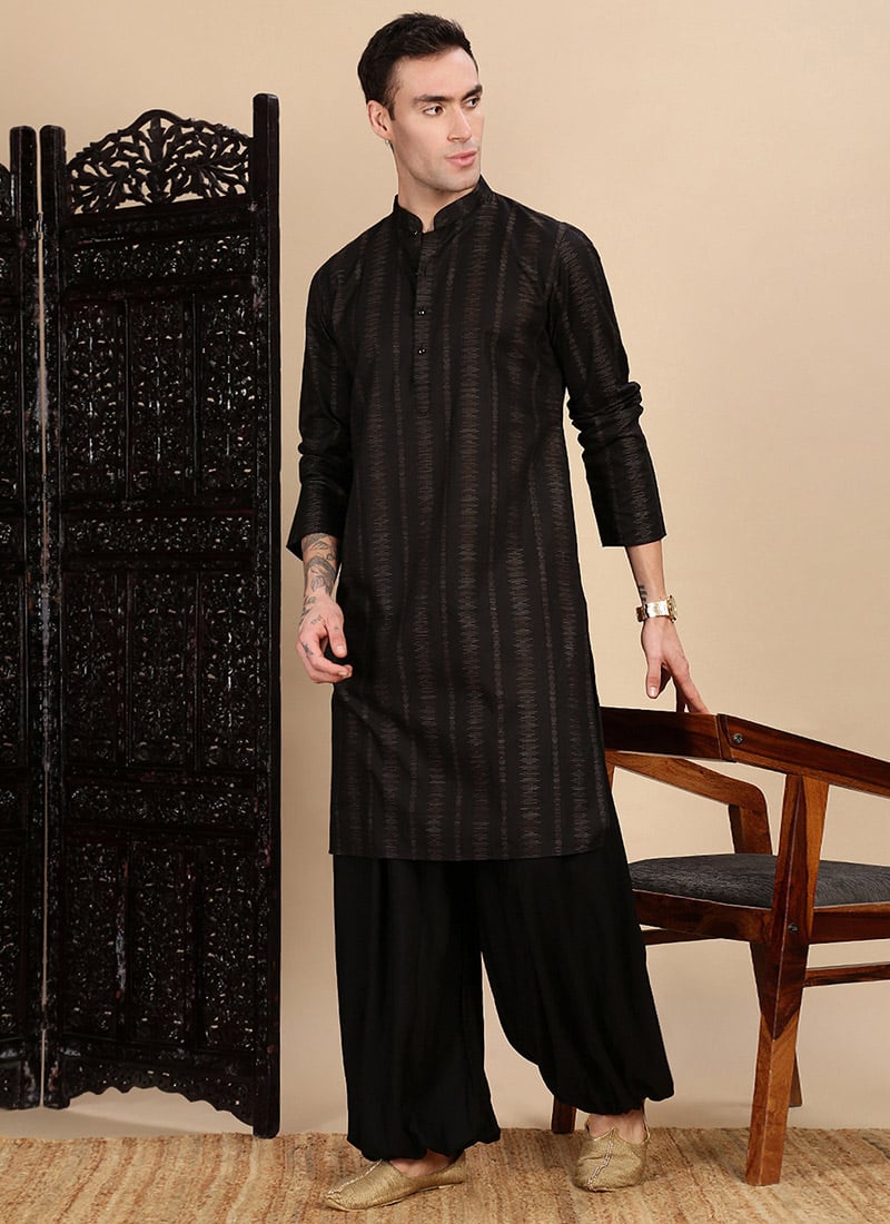Black Cotton Textured Kurta
