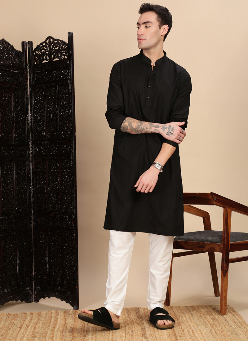 Black Cotton Textured Kurta