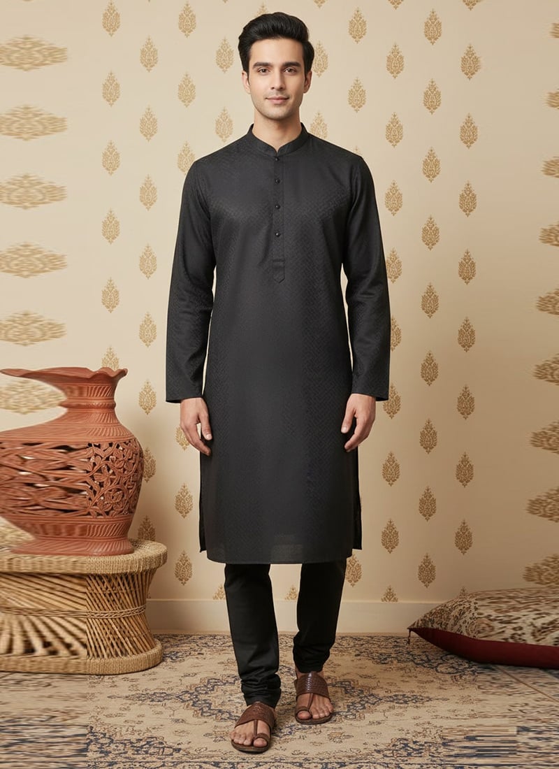 Black Cotton Textured Kurta Pyjama Festive Wear
