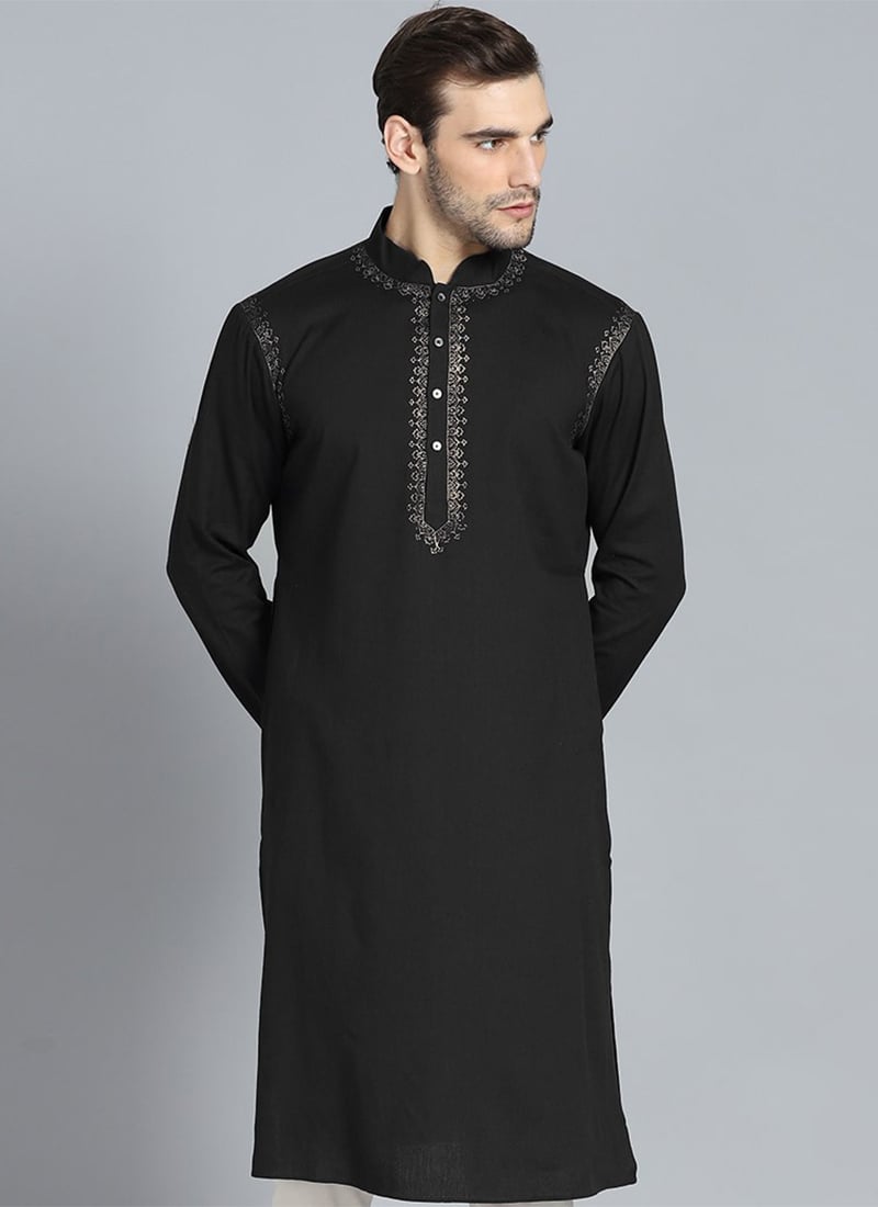 Black Cotton Viscose Embroidered Kurta