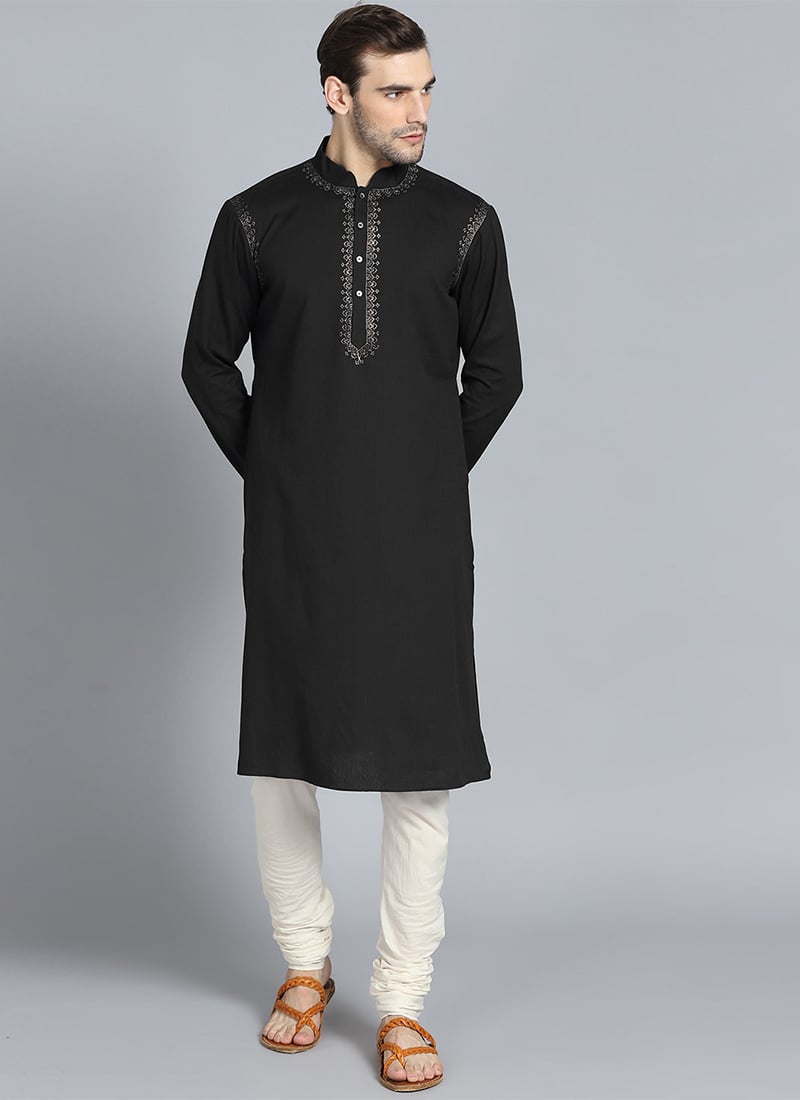 Black Cotton Viscose Embroidered Kurta Pyjama