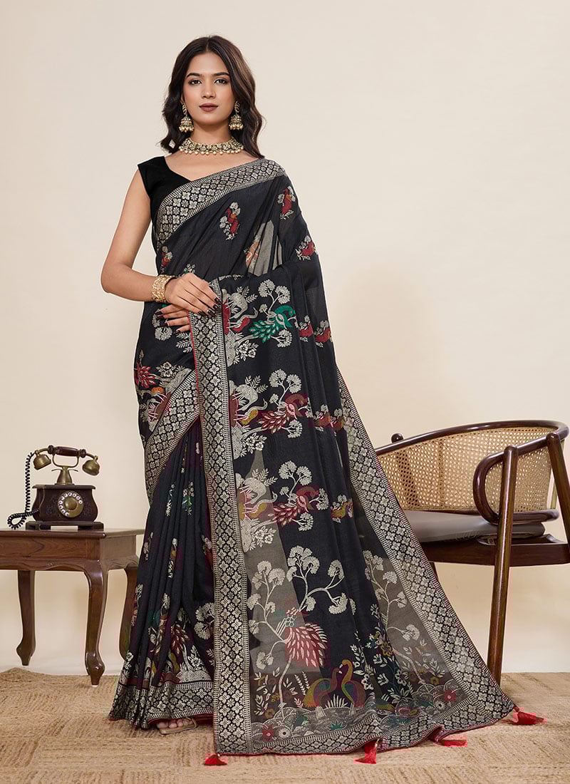 Black Cotton Zari And Foil Print Saree Festive Wear