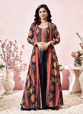 Black Crepe Digital Print Beads Indowestern Palazzo Set Wedding Wear