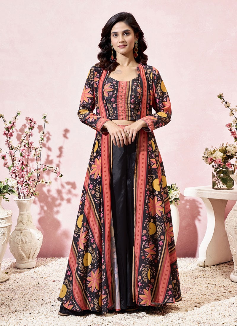 Black Crepe Digital Print Beads Indowestern Palazzo Set Wedding Wear