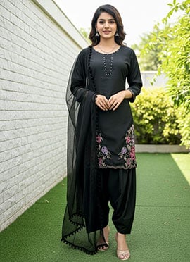 Black Crepe Embroidered Thread Palazzo Suit