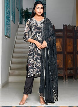 Black Crepe Floral Print Embroidered Straight Pant Suit